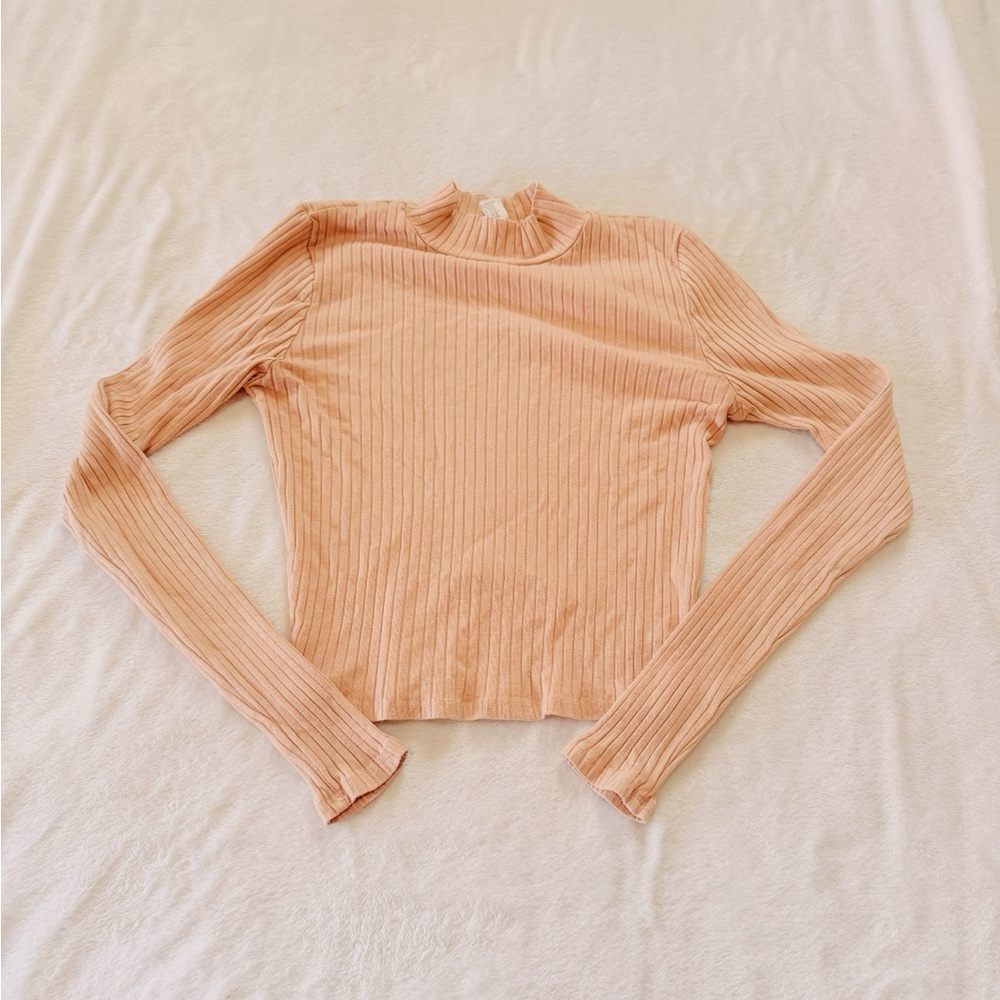 Full Tilt Peach Ribbed Mock Neck Long-Sleeve Crop Top